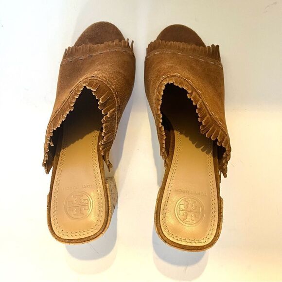 Tory Burch Huntington Camel Suede Fringe Slide Mules in Tan Size 8 - Picture 8 of 13